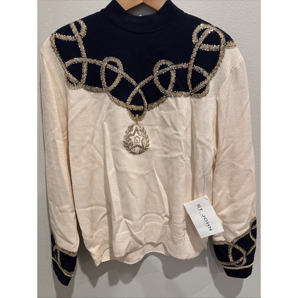 NWT St‎ John Evening Sweater Navy Cream Gold Embellish Medium